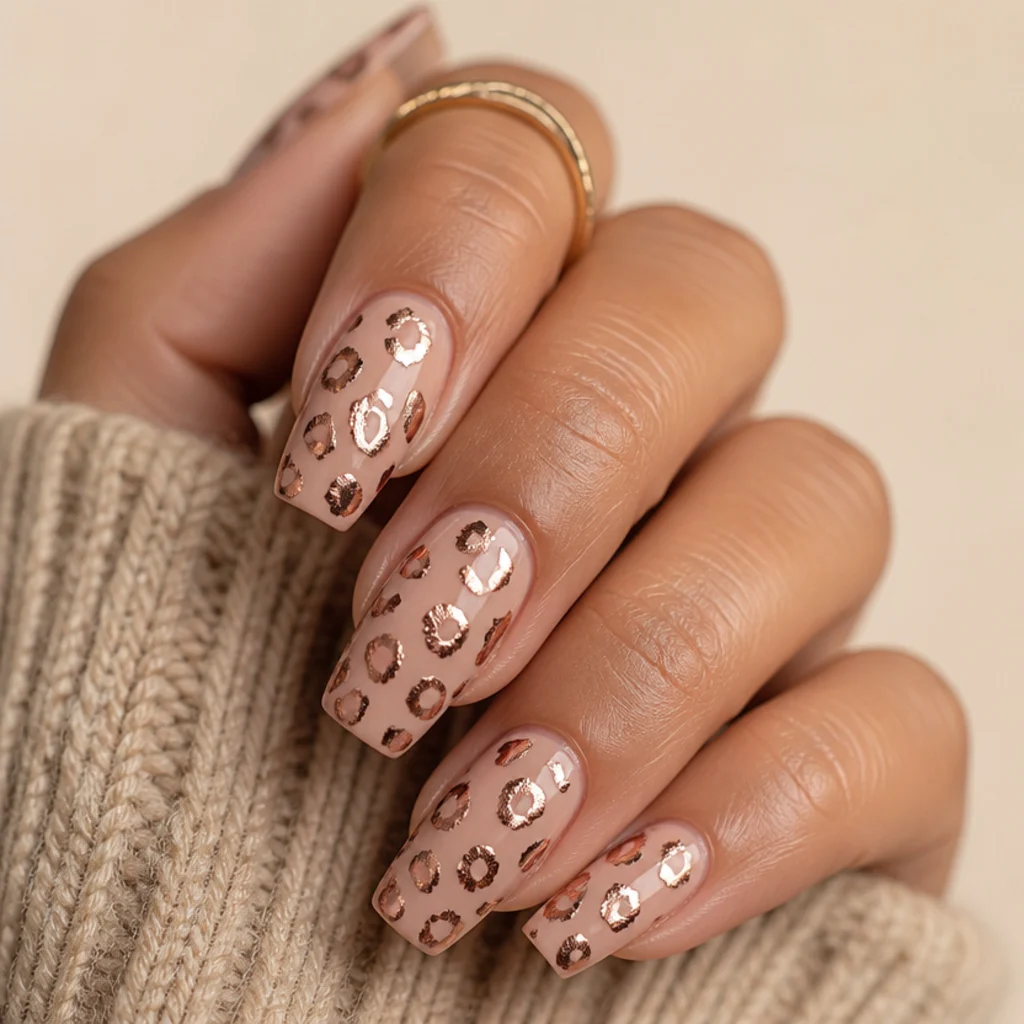 Coffin nails in soft blush with rose gold foil leopard spots catching the light with a metallic flash