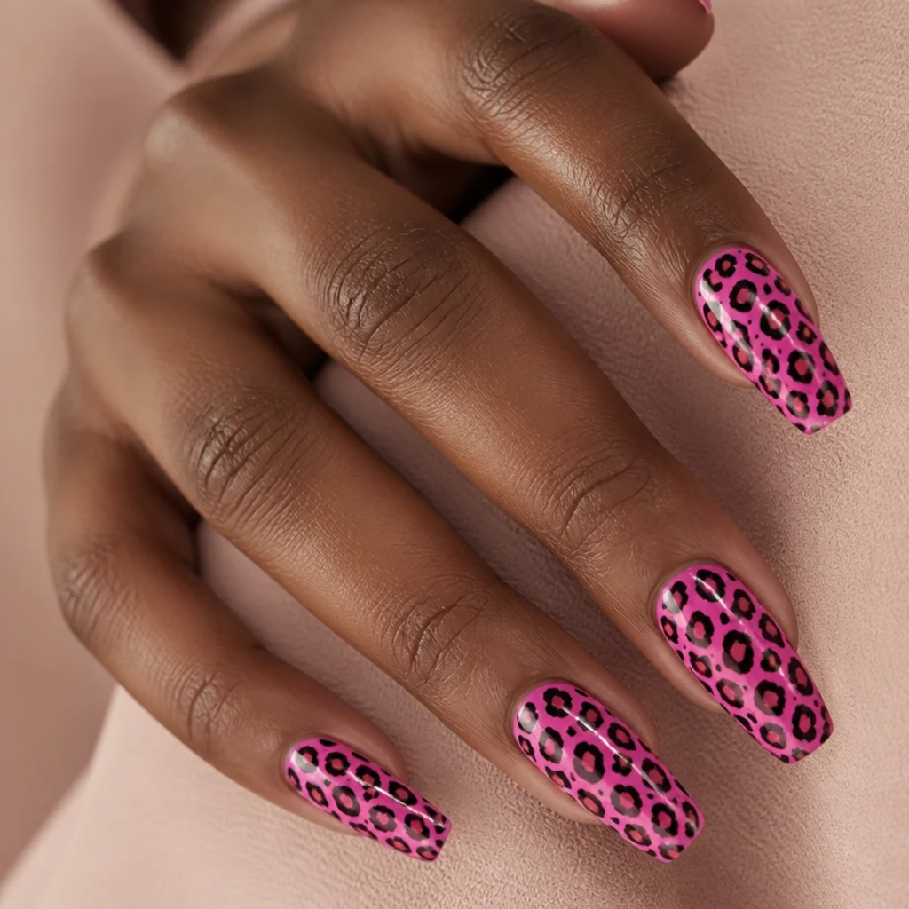 Long coffin nails in bright bubblegum pink covered in bold, full-coverage leopard print on every finger