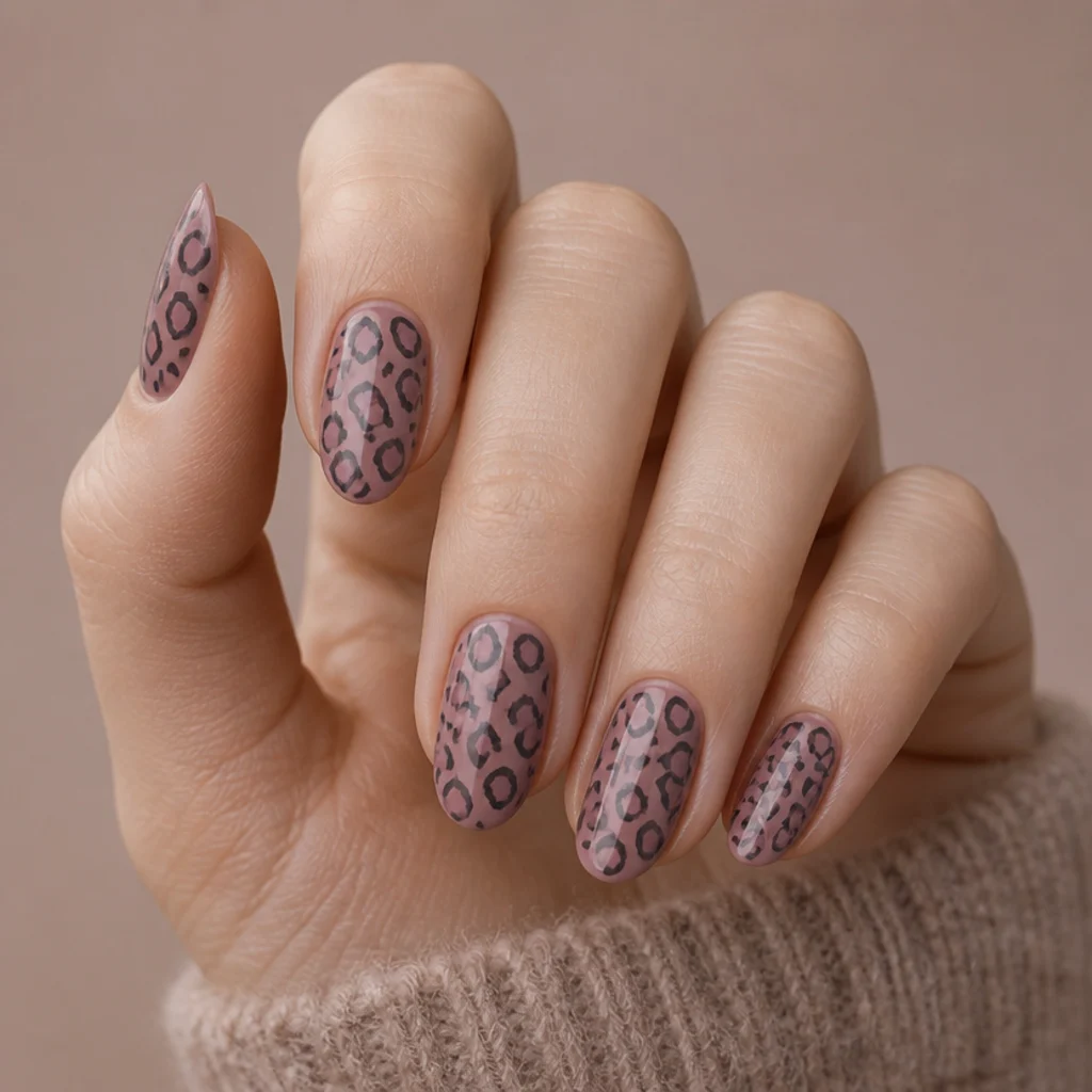 Almond nails in muted dusty rose with tonal brown and mauve leopard print for an earthy, soft look