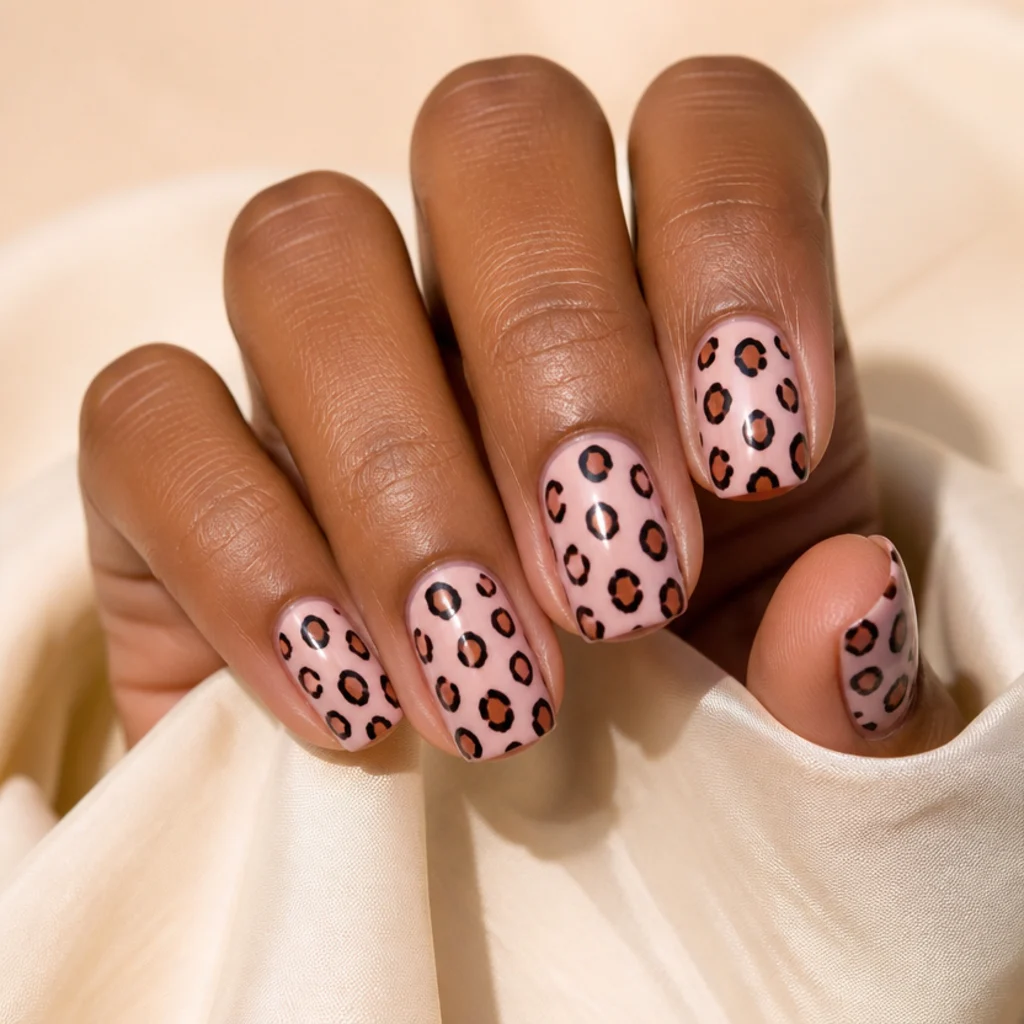 Medium square nails in soft pink with the classic black-outlined, brown-centered leopard spots