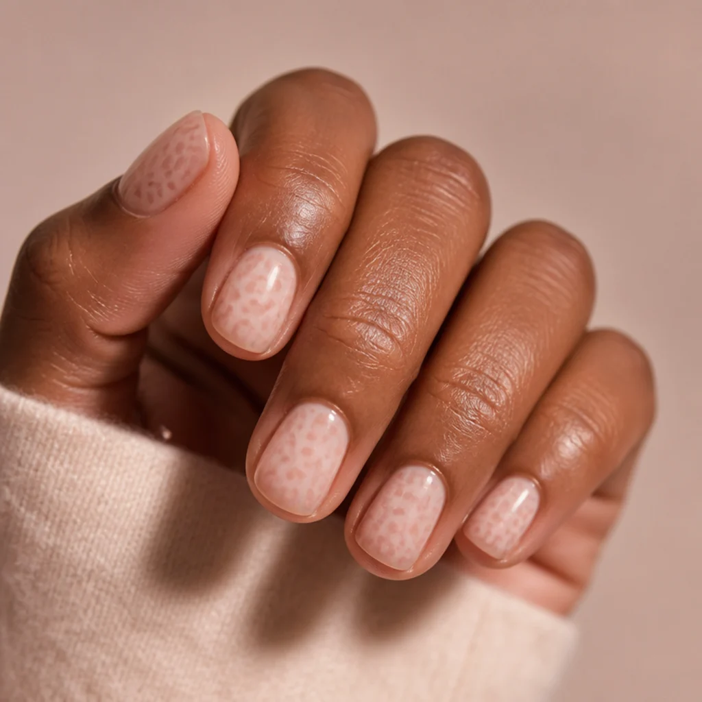 Short round nails in sheer milky pink with tiny, delicate micro-leopard spots for a quiet-luxury look