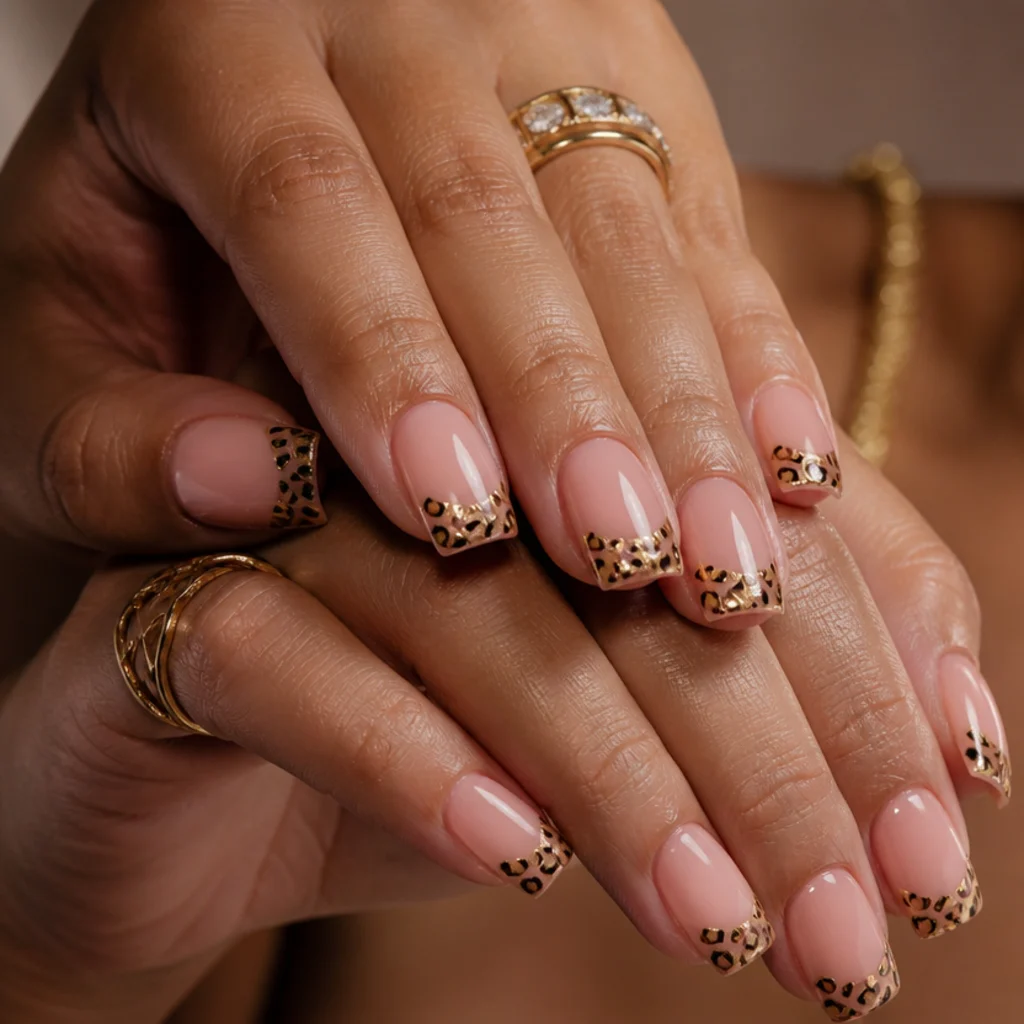 Squoval french manicure with soft pink tips and gold-outlined leopard spots for a dressed-up look