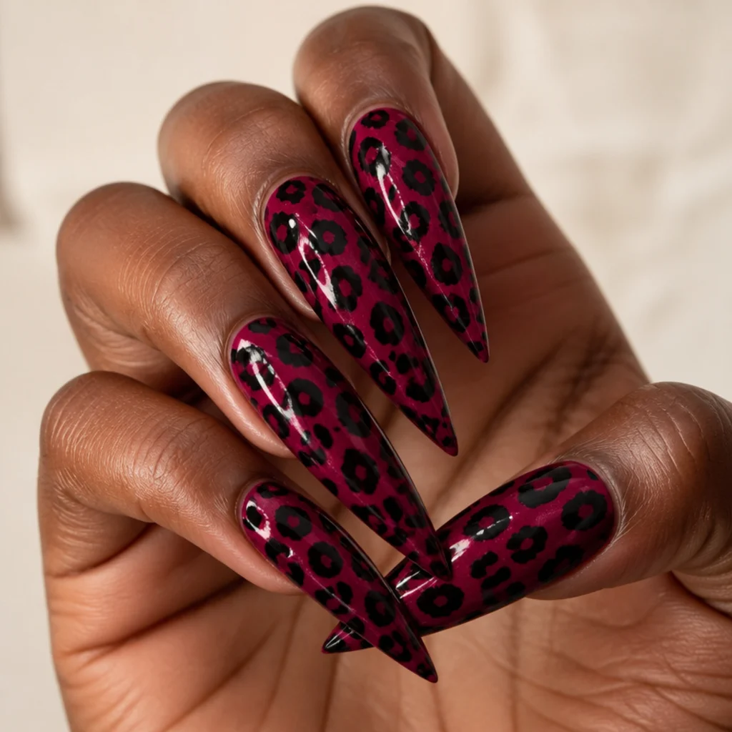 Long stiletto nails in deep cool magenta with dramatic high-contrast black leopard print