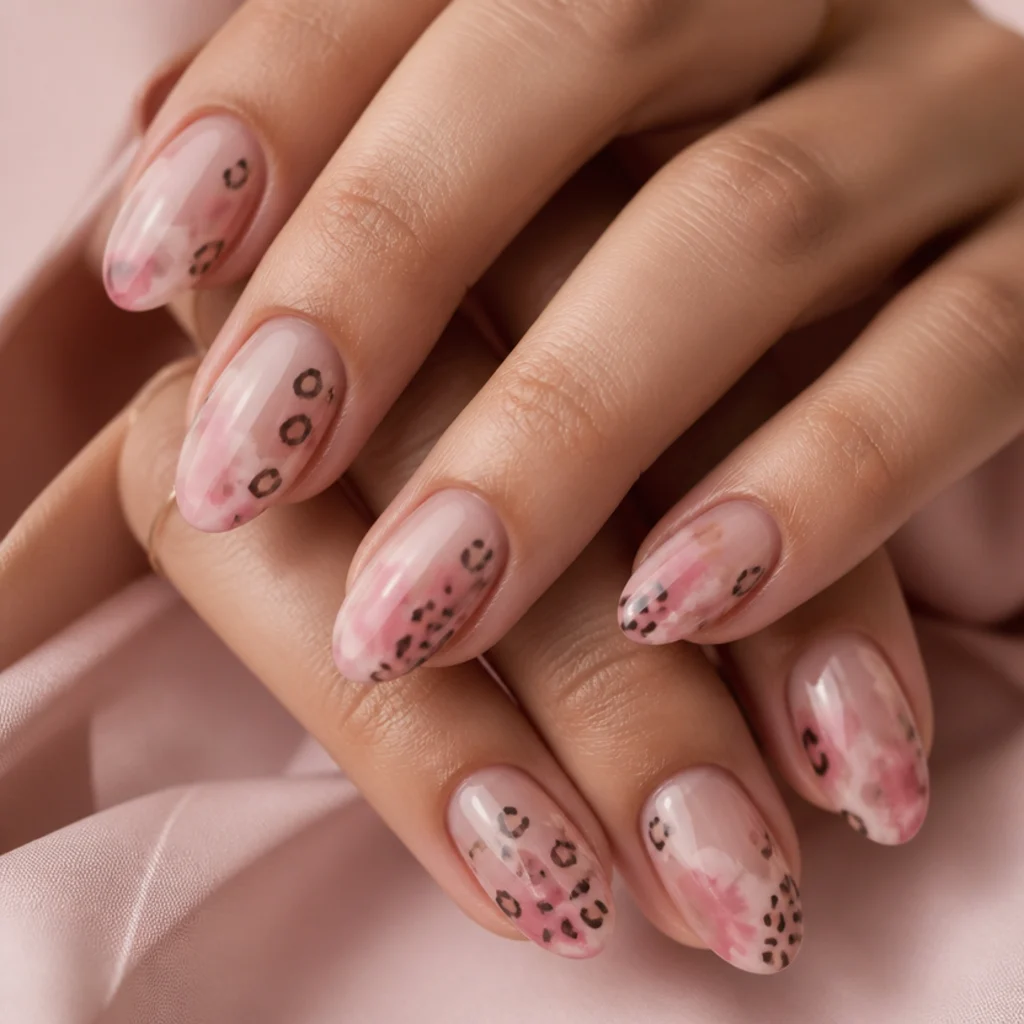 Almond nails with soft watercolor pink washes and blurred, blended leopard print for a painterly effect