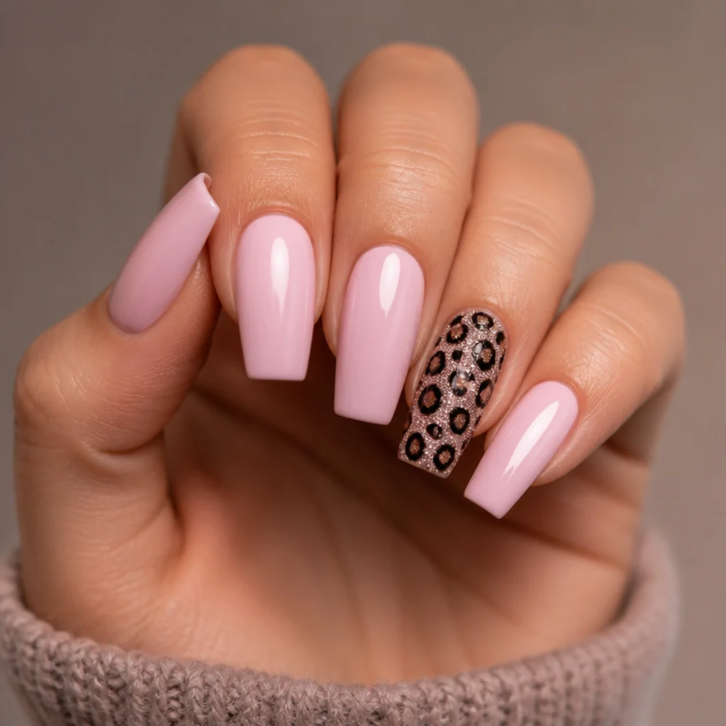Coffin nails in pale pink with one glitter-packed leopard accent nail concentrating the sparkle
