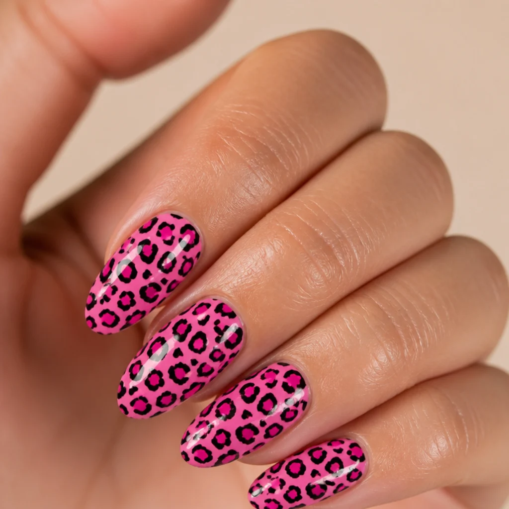 Medium almond nails in vivid Barbie pink with bold all-over leopard print for a playful statement