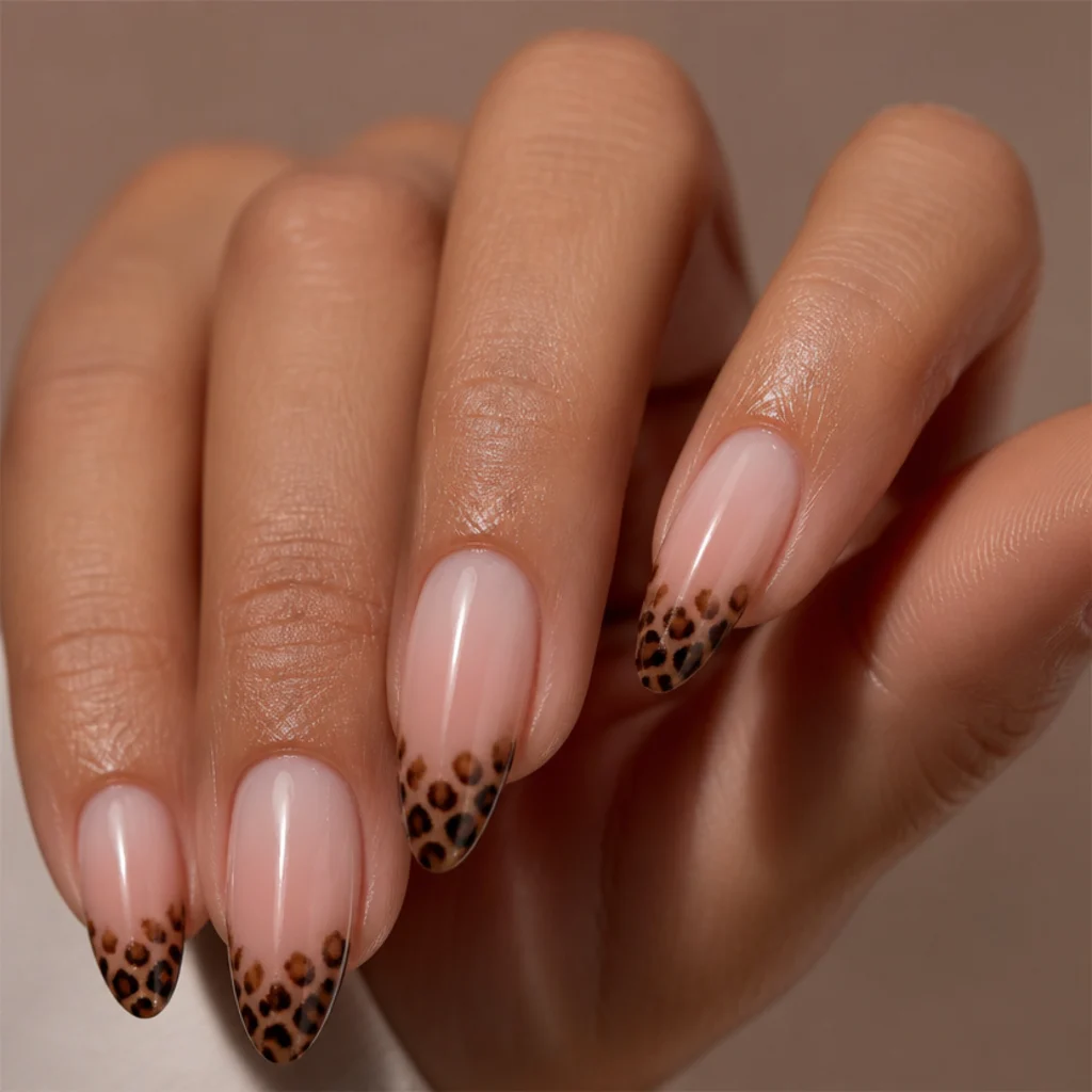 Long almond nails fading from nude at the cuticle to pink at the tips with leopard spots concentrated at the free edge