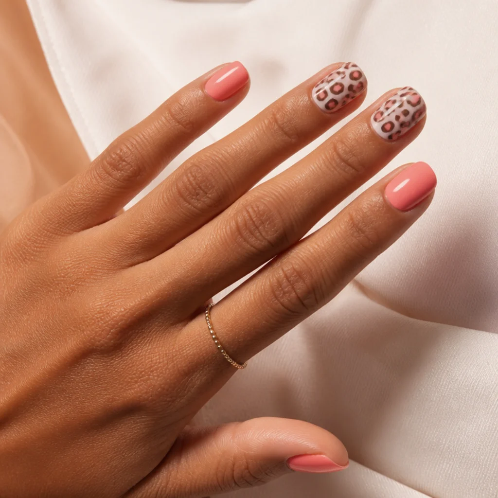 Squoval nails in warm coral-pink with cream and soft-brown leopard print for a sunny, vacation look
