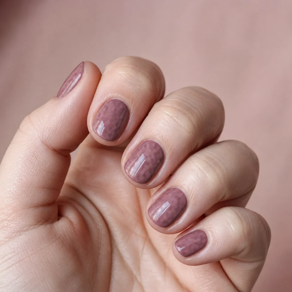 Short round nails in soft mauve with subtle tonal leopard print for an understated, professional look