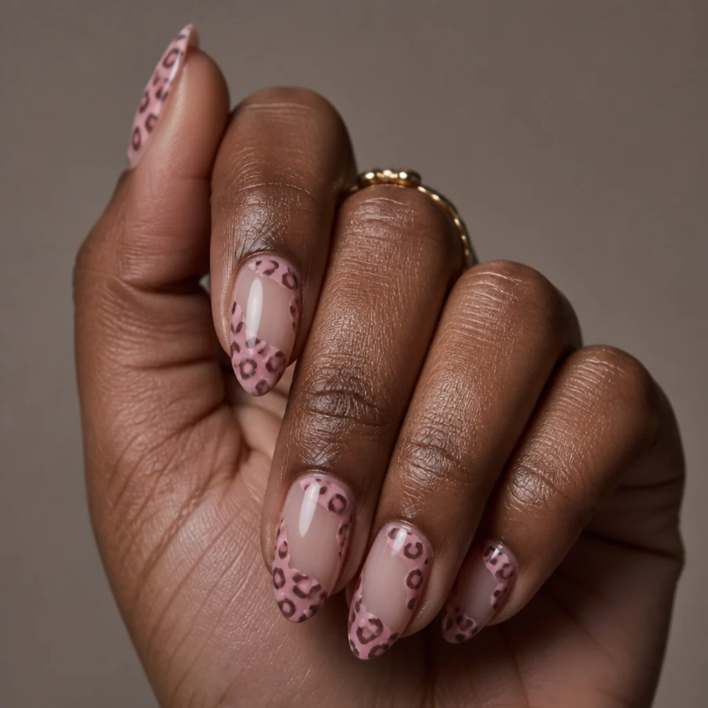 Almond nails using bare negative space between pink leopard spots floating over the natural nail