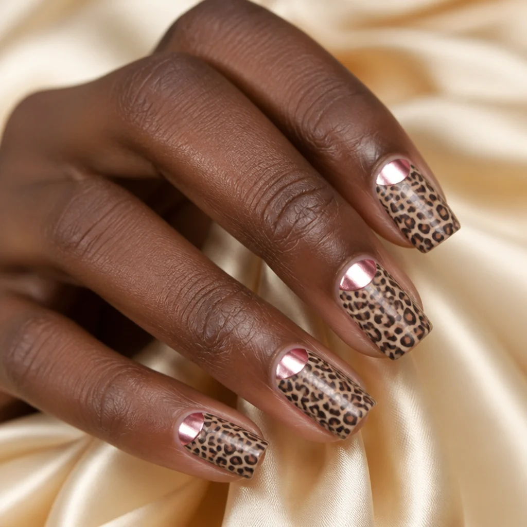 Square nails with a metallic pink half-moon at the base and leopard print filling the rest of the nail