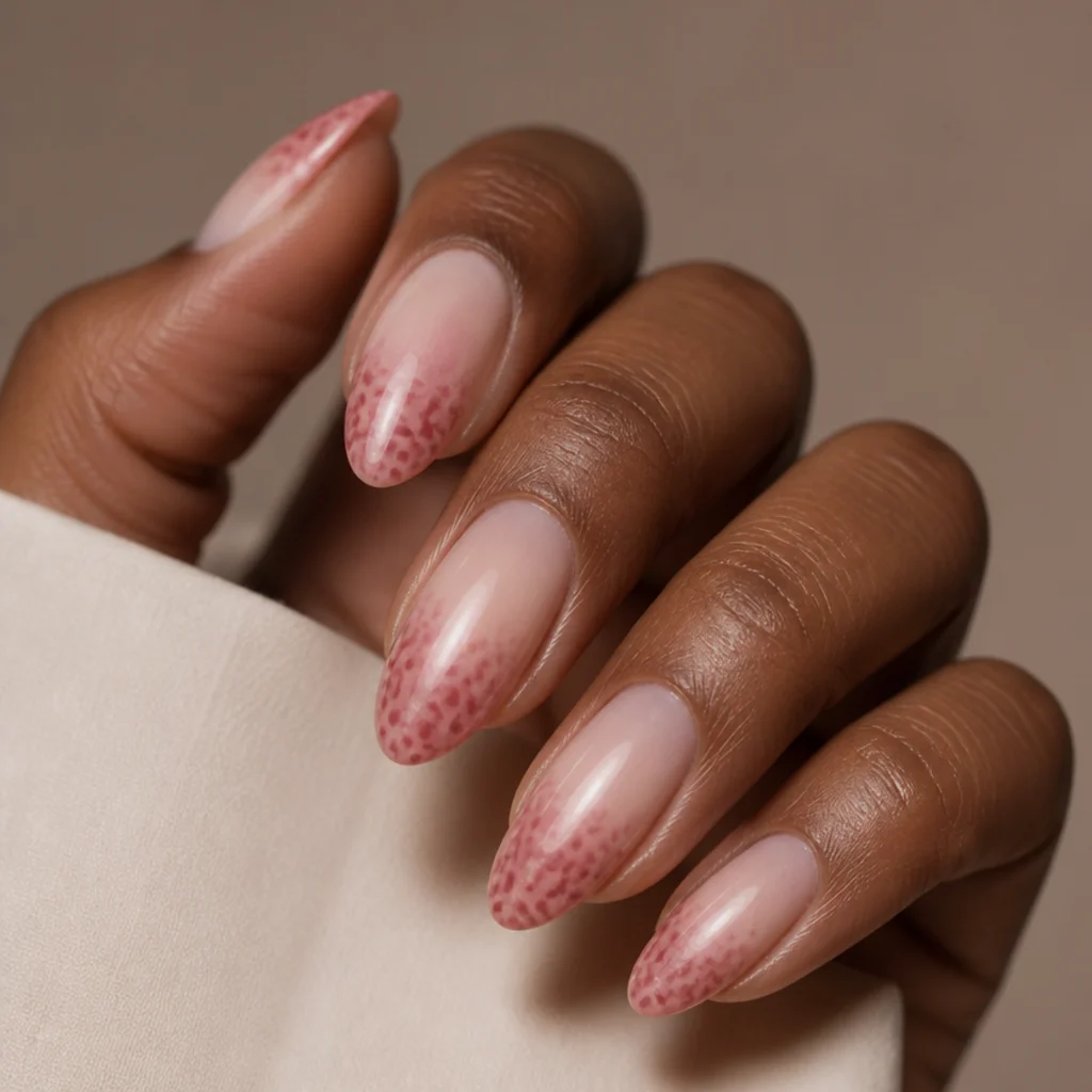 Almond nails with a soft pink ombré french and leopard spots blended into the diffused tip
