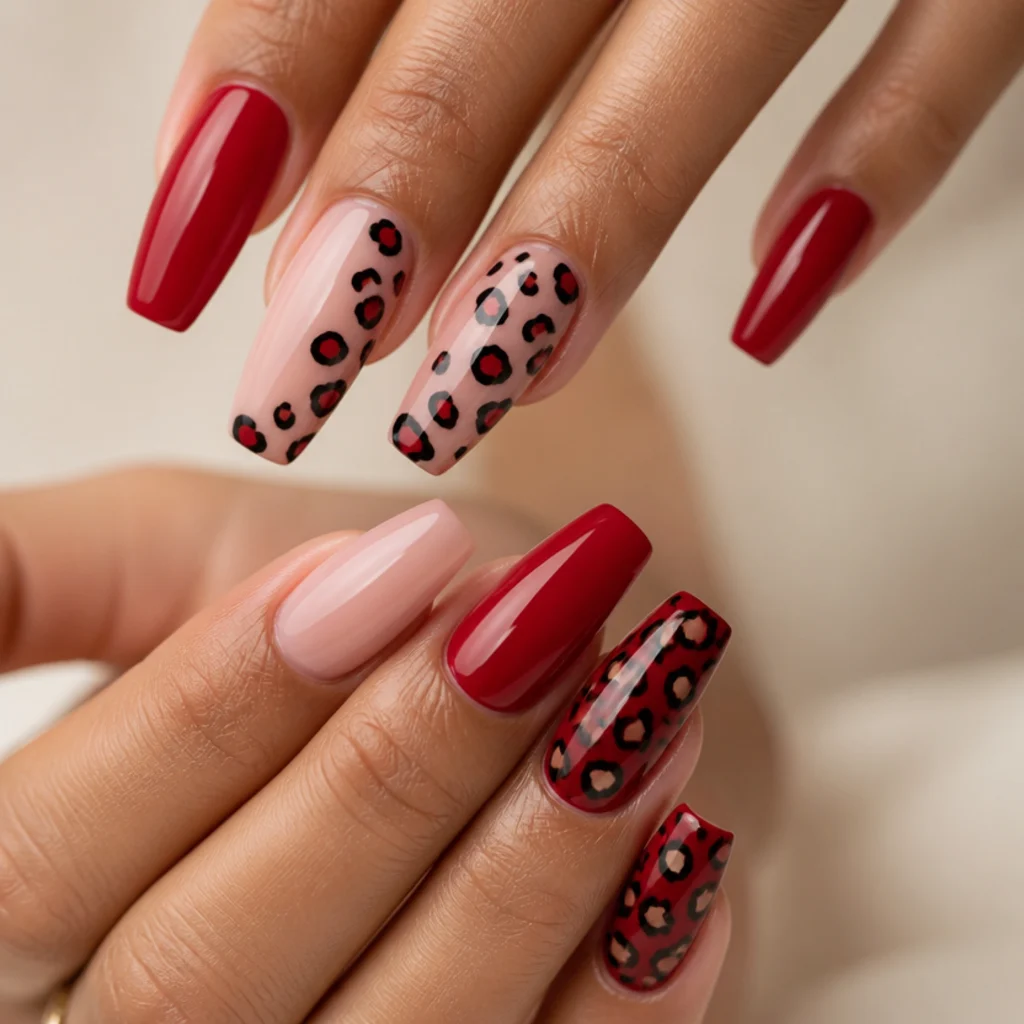 Long ballerina nails split between pink and red bases with mixed leopard print tying the fingers together