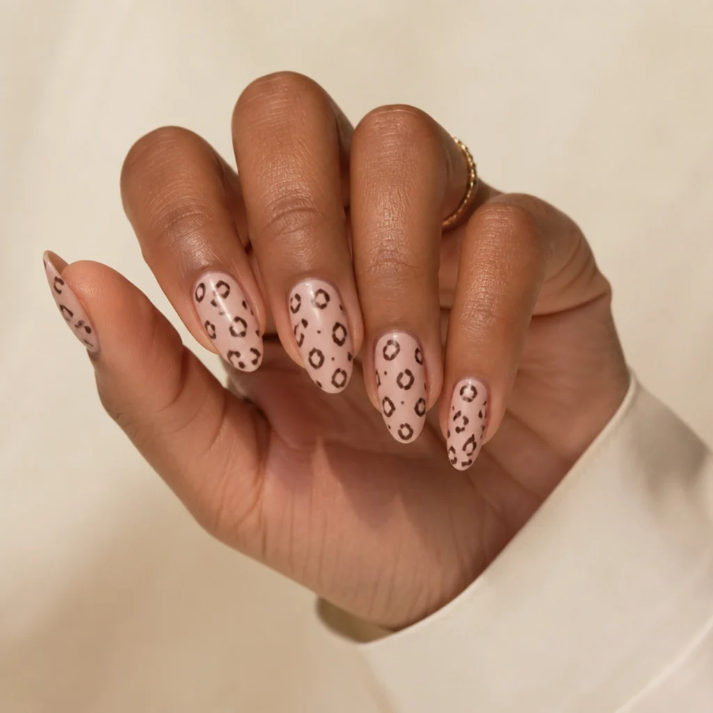Manicured hand with blush pink leopard print nails in an almond shape against a warm ivory background
