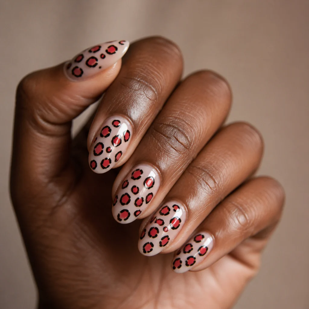 Almond-shaped nails with clustered red and black open-center leopard spots on a soft nude base, glossy editorial macro