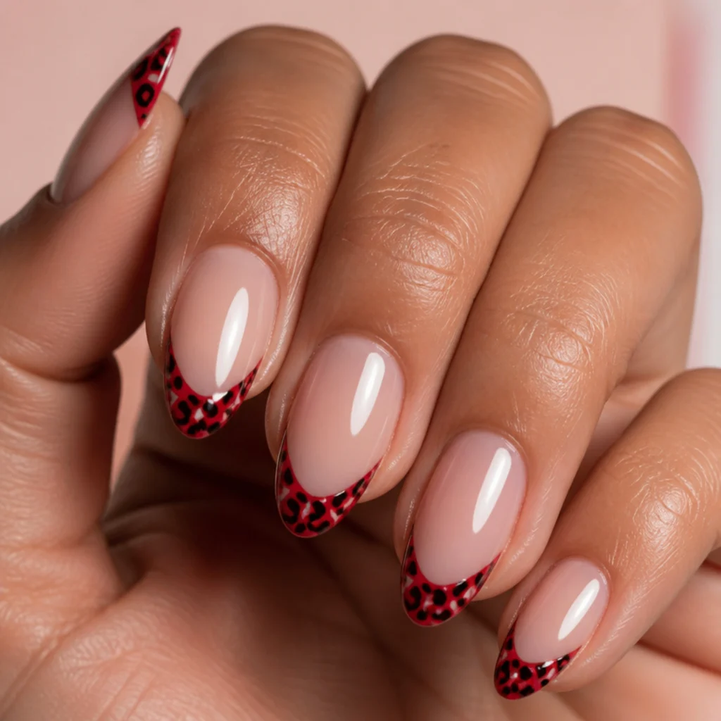 Almond nails with a red leopard print french tip on a clear base and a bare nail bed, macro studio shot