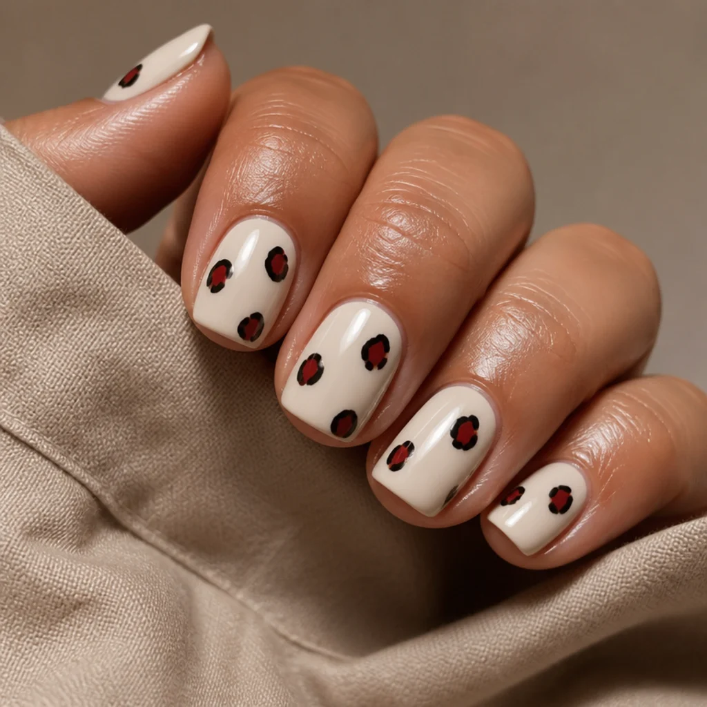 Short squoval nails with bold red leopard spots covering the full nail on a natural hand, close macro