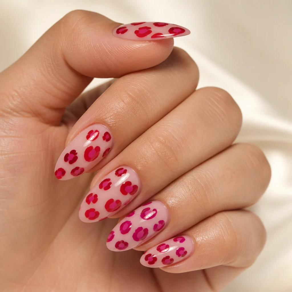 Almond nails blending a pink base with red and berry leopard spots across five fingers, editorial macro