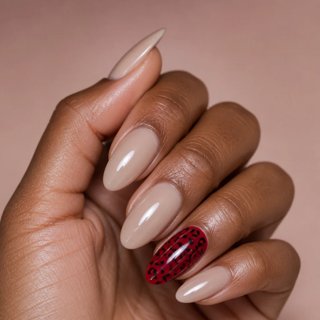 Nude almond nails with a single crimson leopard accent nail on the ring finger, close studio macro