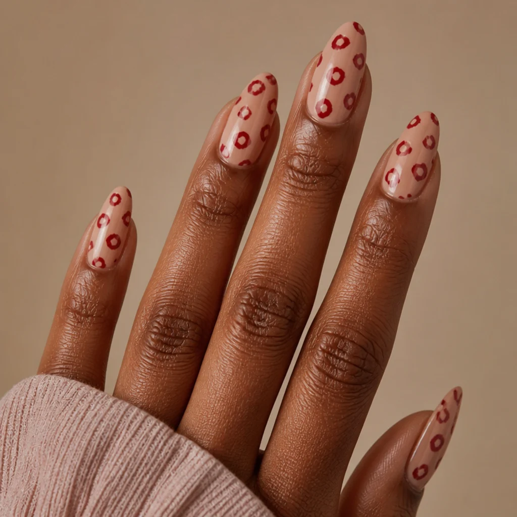 Long almond nails with a warm nude base and scattered open-center red leopard spots, macro editorial