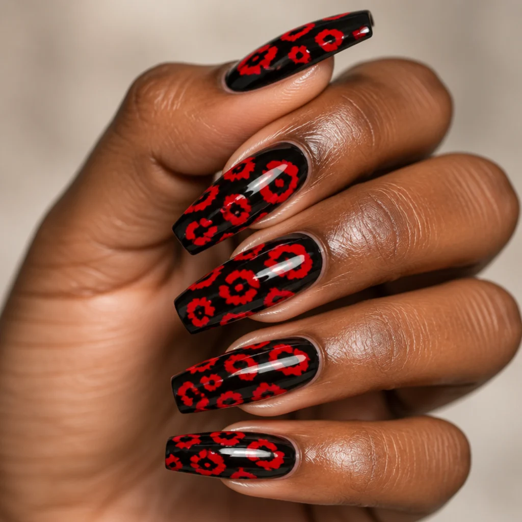 Coffin nails with a glossy black base and bright red leopard spots, high-contrast editorial macro on ivory