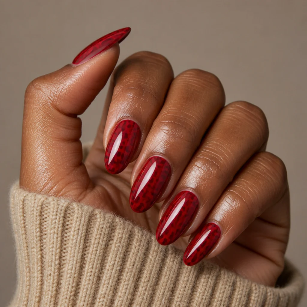 Almond nails with a glazed cherry-red base and tonal darker-red leopard spots, glossy wet-look macro shot