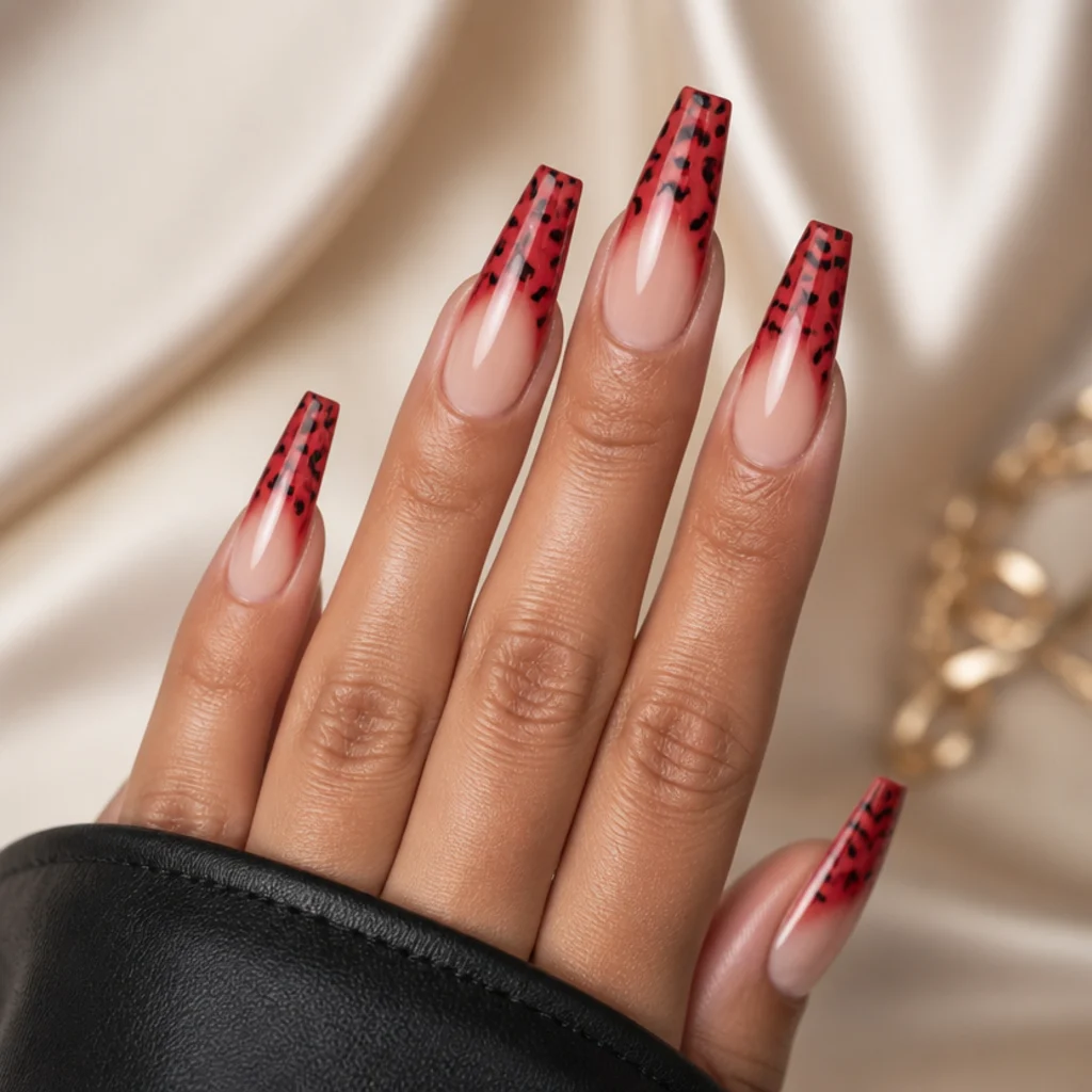 Long coffin nails fading from nude to red with leopard spots concentrated at the tips, editorial macro