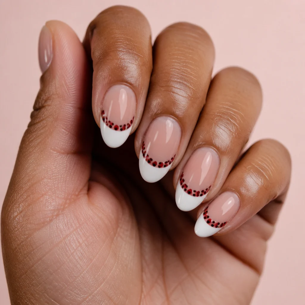 Almond nails with a white french tip outlined by a row of red leopard spots along the smile line, macro studio