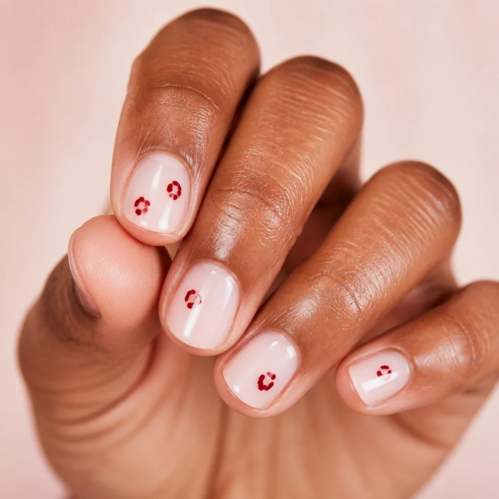 Short round natural nails with a few delicate red leopard spots on a sheer base, close macro on a blush background
