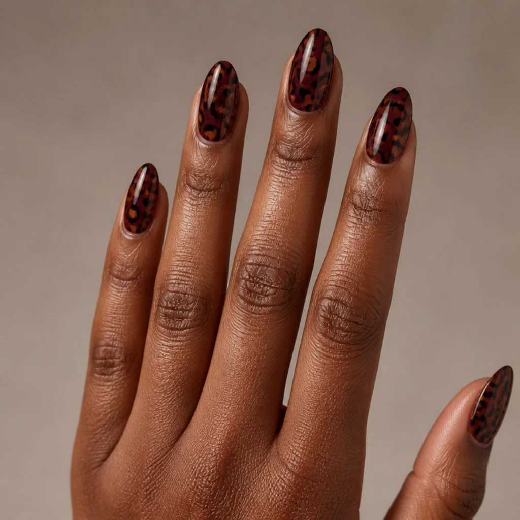 Almond nails with a warm burgundy base and caramel-and-black leopard spots, cozy autumn editorial macro