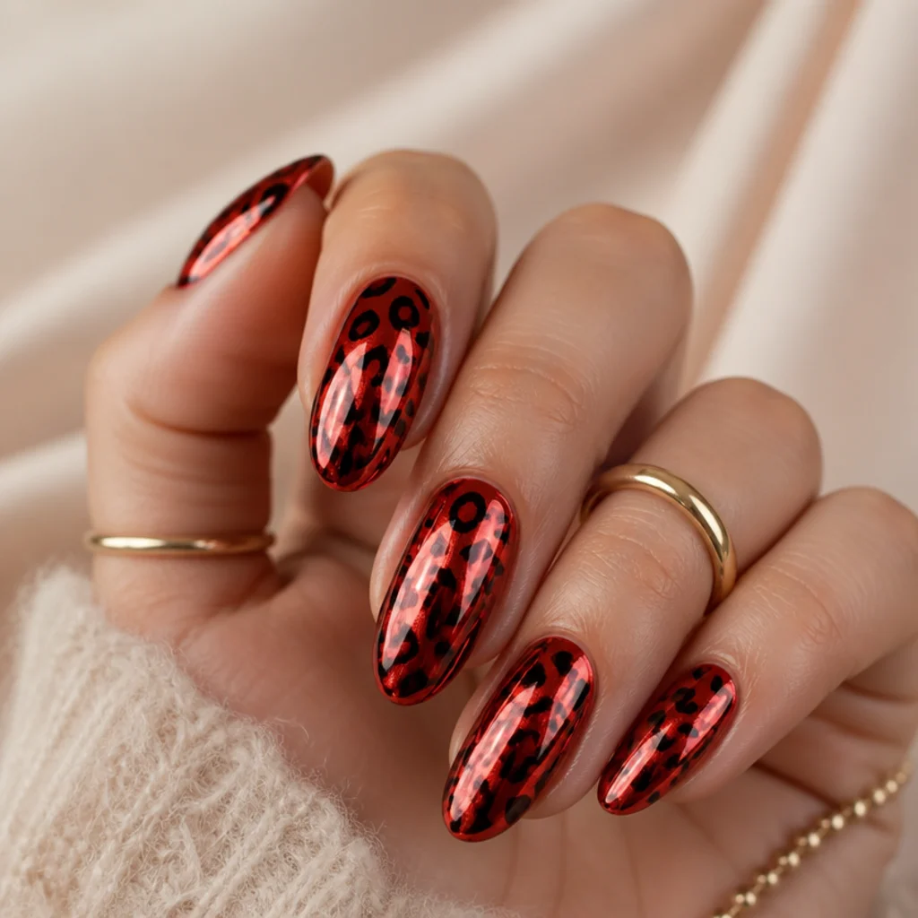 Almond nails with a metallic chrome red base and darker leopard spots catching the light, glossy macro
