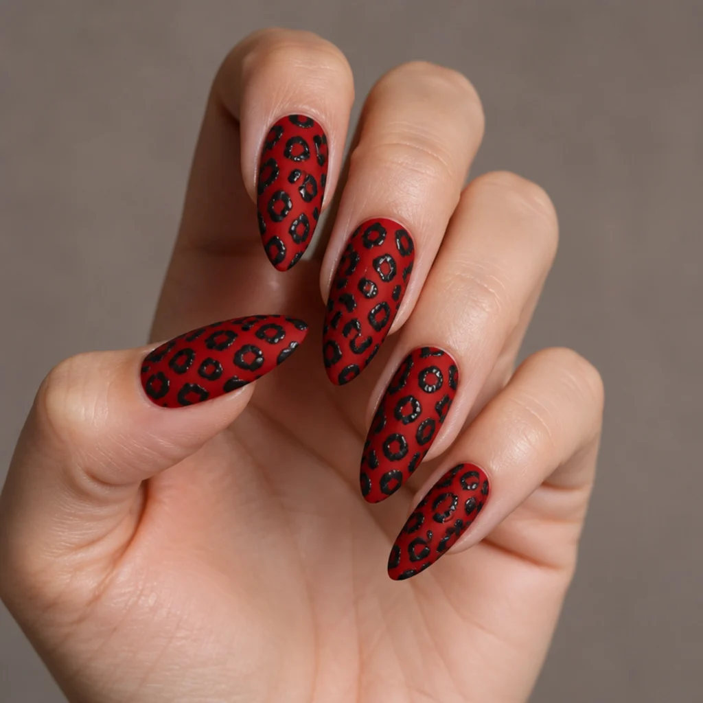 Almond nails with a matte true-red base and glossy black leopard spots for texture contrast, editorial macro