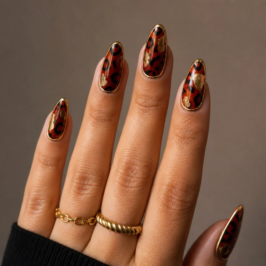 Almond nails with a red base and gold-foil leopard spots for a luxe finish, warm editorial macro on taupe