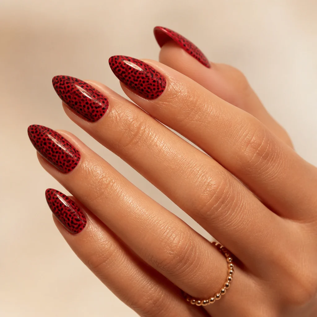 Long almond nails with a solid red base and very small, dense leopard spots, close detailed macro