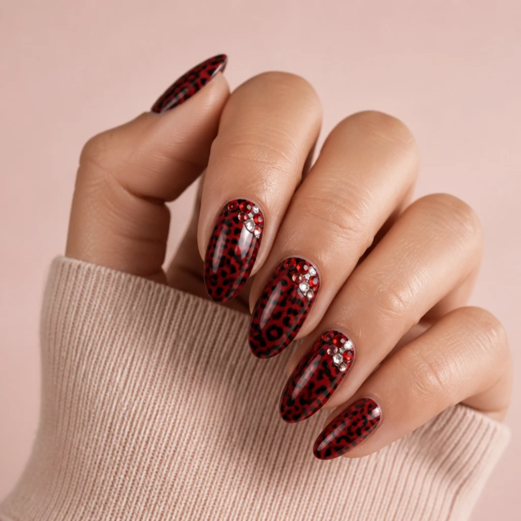 Almond nails with red leopard print and a scatter of clear rhinestones near the cuticle, sparkling macro