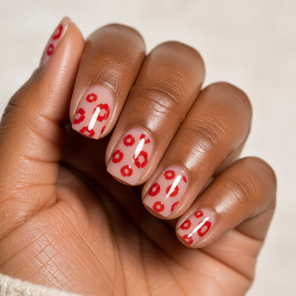 Squoval nails with a soft pink base and bright red leopard spots, sweet editorial macro on ivory