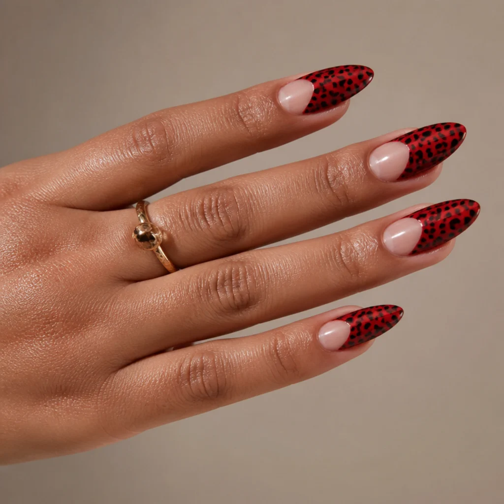 Almond nails with a bare half-moon at the cuticle and red leopard print filling the rest, retro macro shot