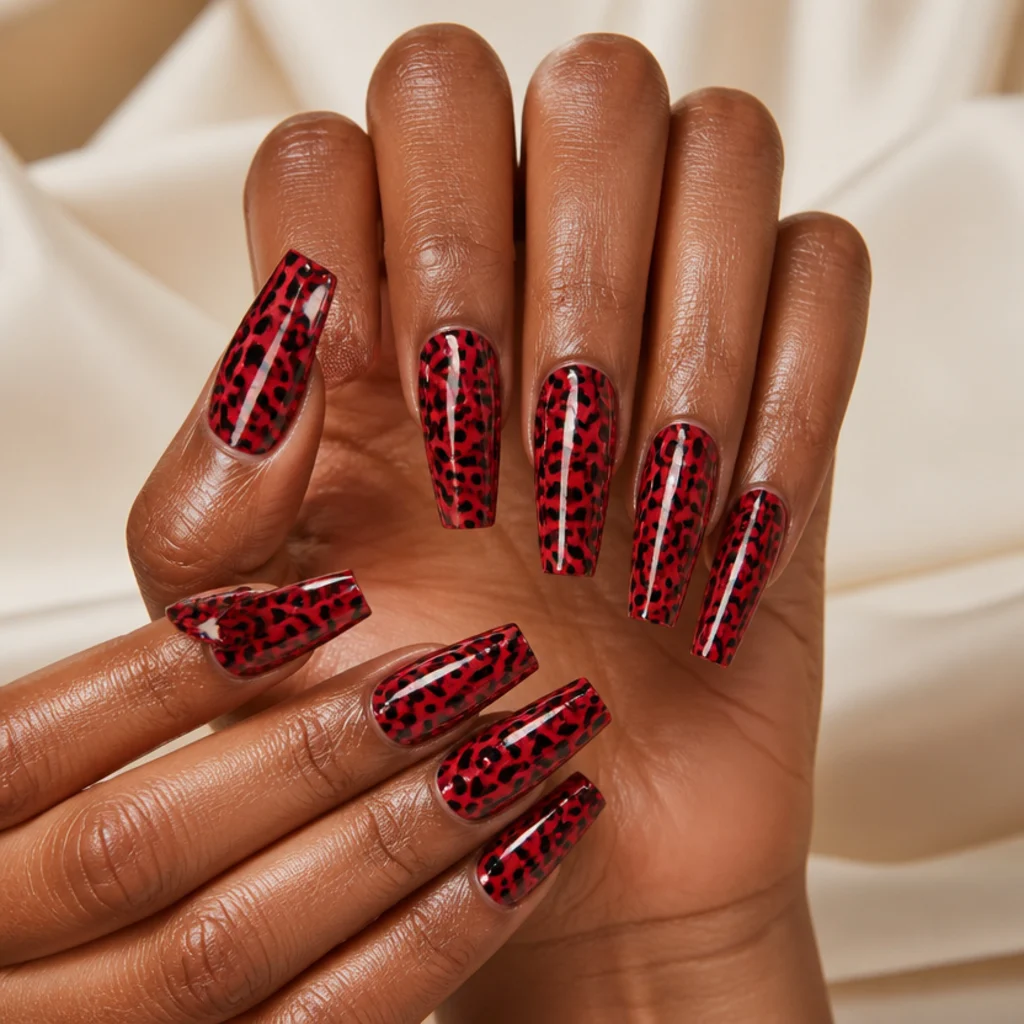 Long coffin nails fully covered in bold red and black leopard print across all fingers, dramatic editorial macro