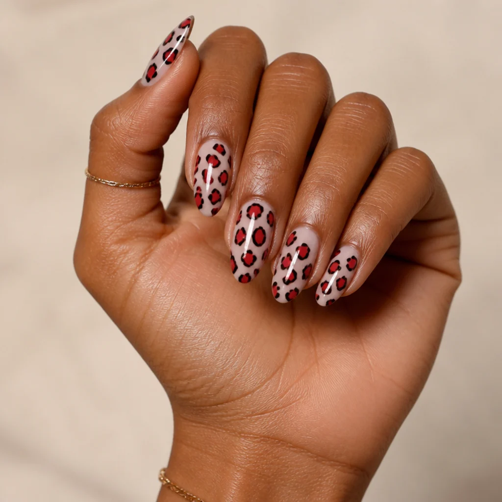 Manicured hand with red leopard print nails in a glossy almond shape on a warm ivory background