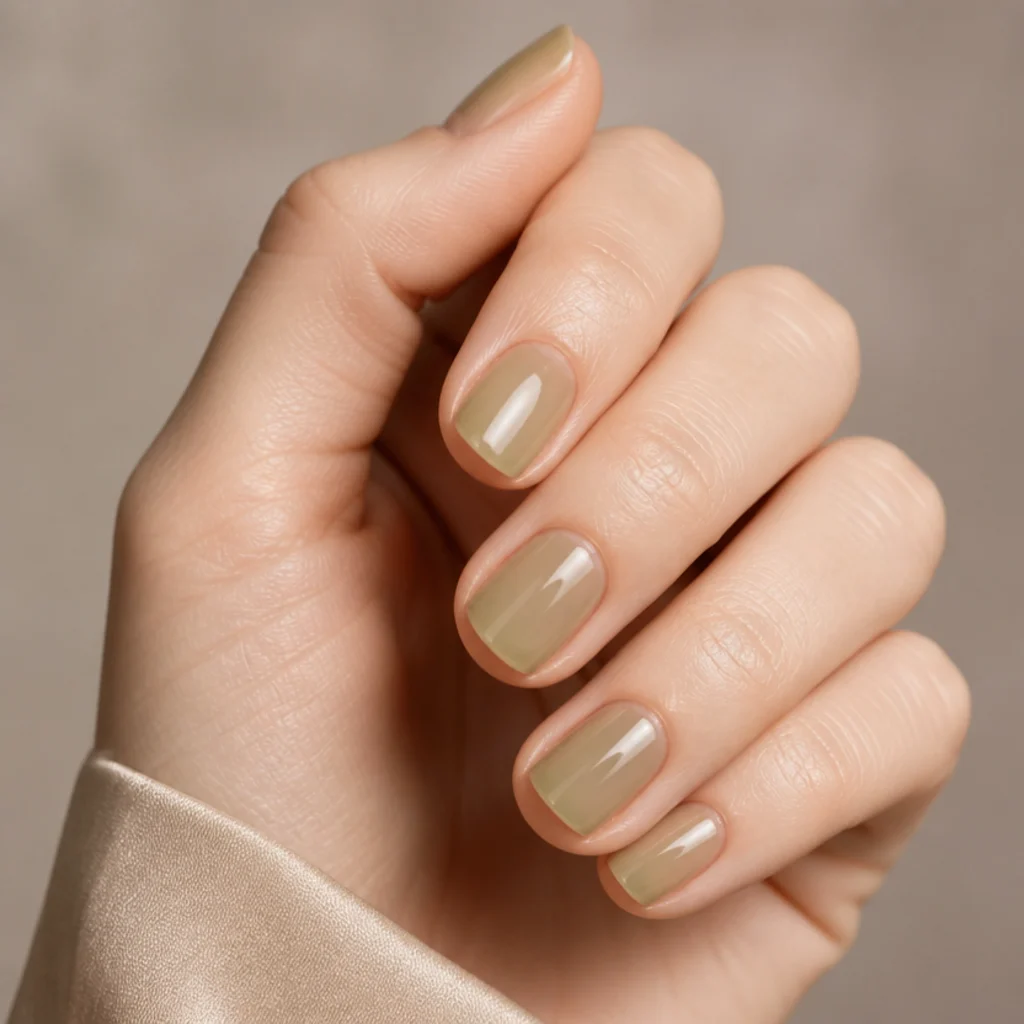 Short natural nails painted with a single sheer light olive green jelly wash on a fair hand against a taupe background