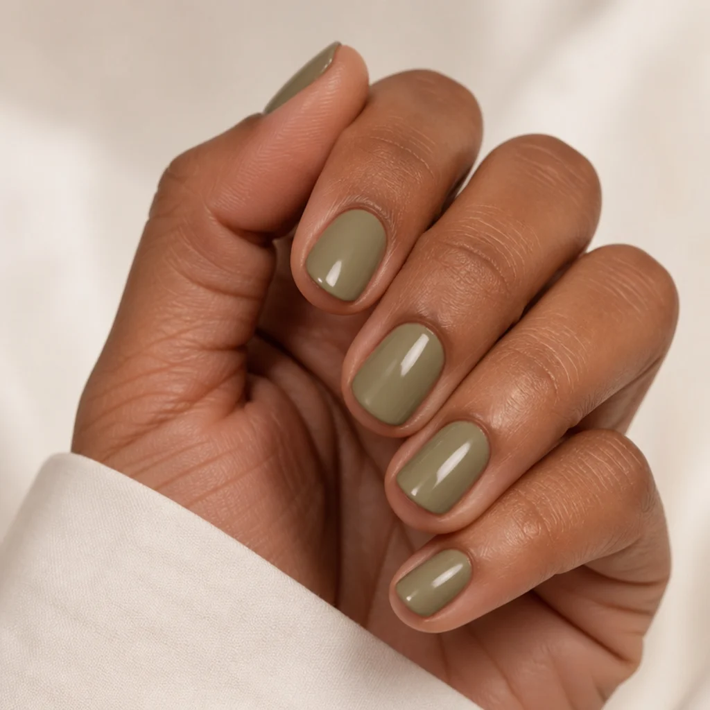 Rounded short nails in a milky sage-olive cream with clean cuticles on a medium-tone hand, soft daylight