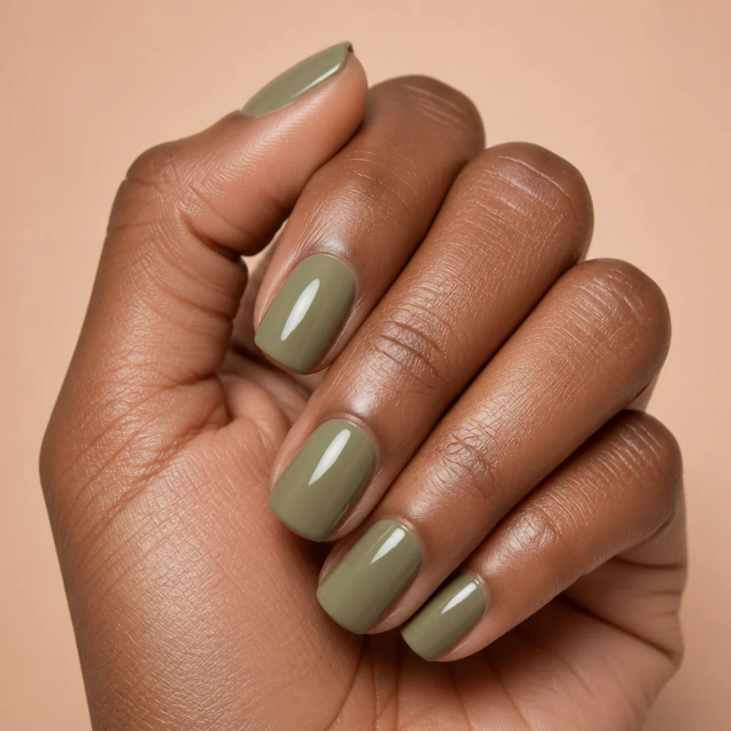 Short squoval nails in an even, opaque light olive green cream on a deep-tone hand, macro editorial framing