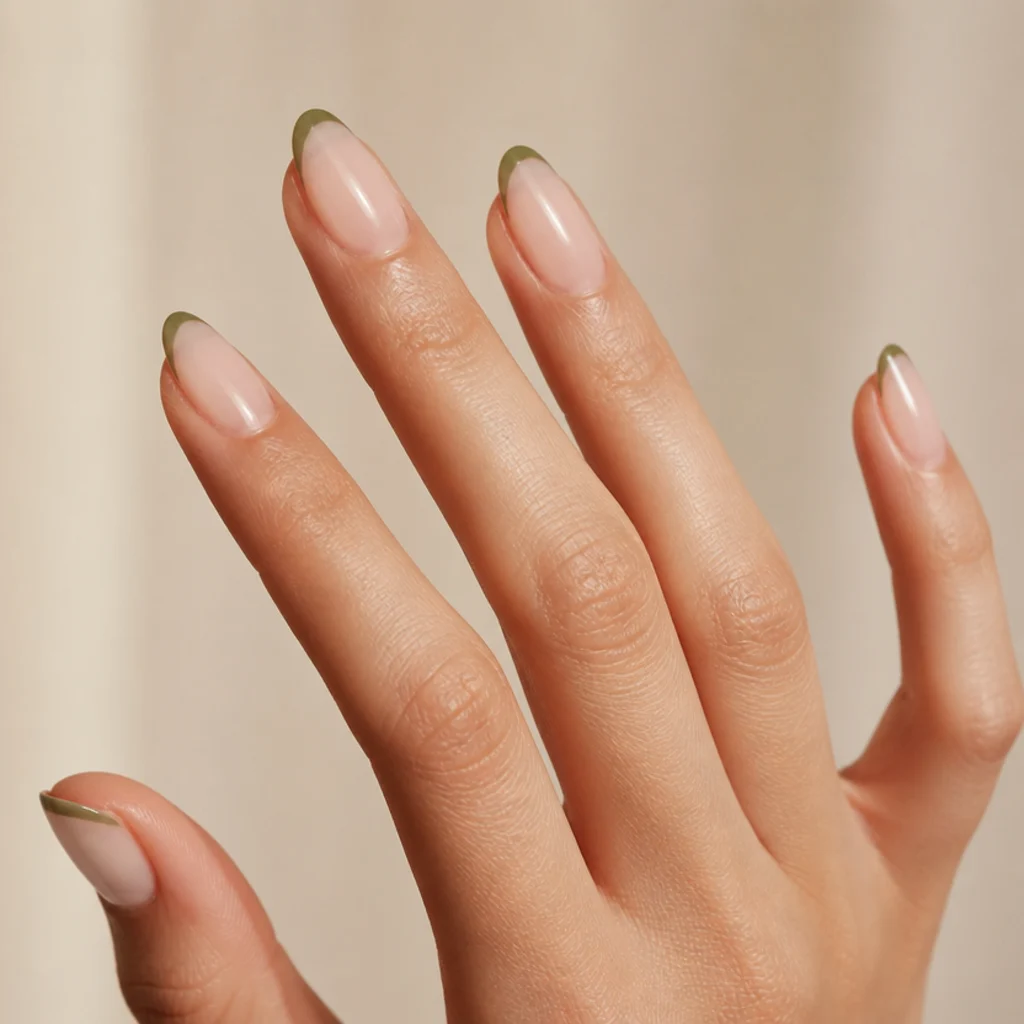 Natural nails with a delicate olive-tinted sheer French tip on a fair-medium hand against ivory