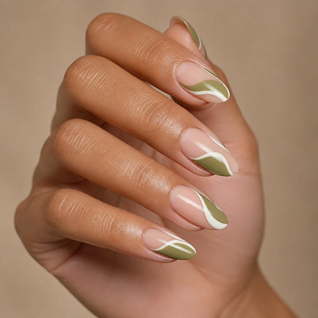 Almond nails combining light olive green and white in a curved negative-space wave on a medium-tone hand