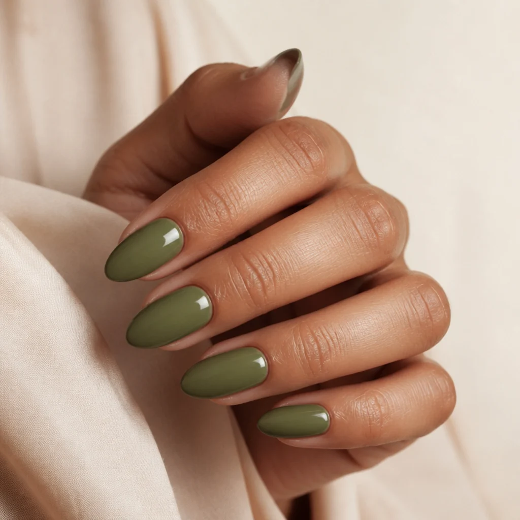 Medium-length almond nails in a fully opaque muted olive cream on a tan hand, soft studio light