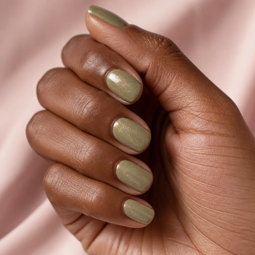 Short oval nails in light olive green topped with a fine iridescent micro-glitter veil catching the light on a deep-tone hand