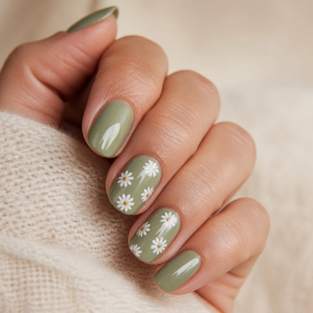 Short squoval nails in light olive green with tiny hand-painted white daisies on two accent nails, macro framing