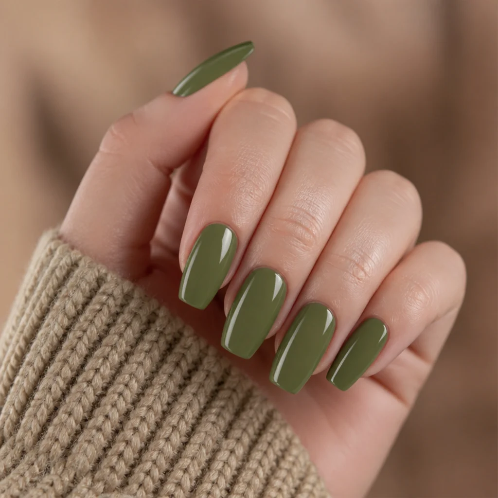 Medium coffin nails in a rich mid-olive cream with clean edges and a glossy finish on a fair hand