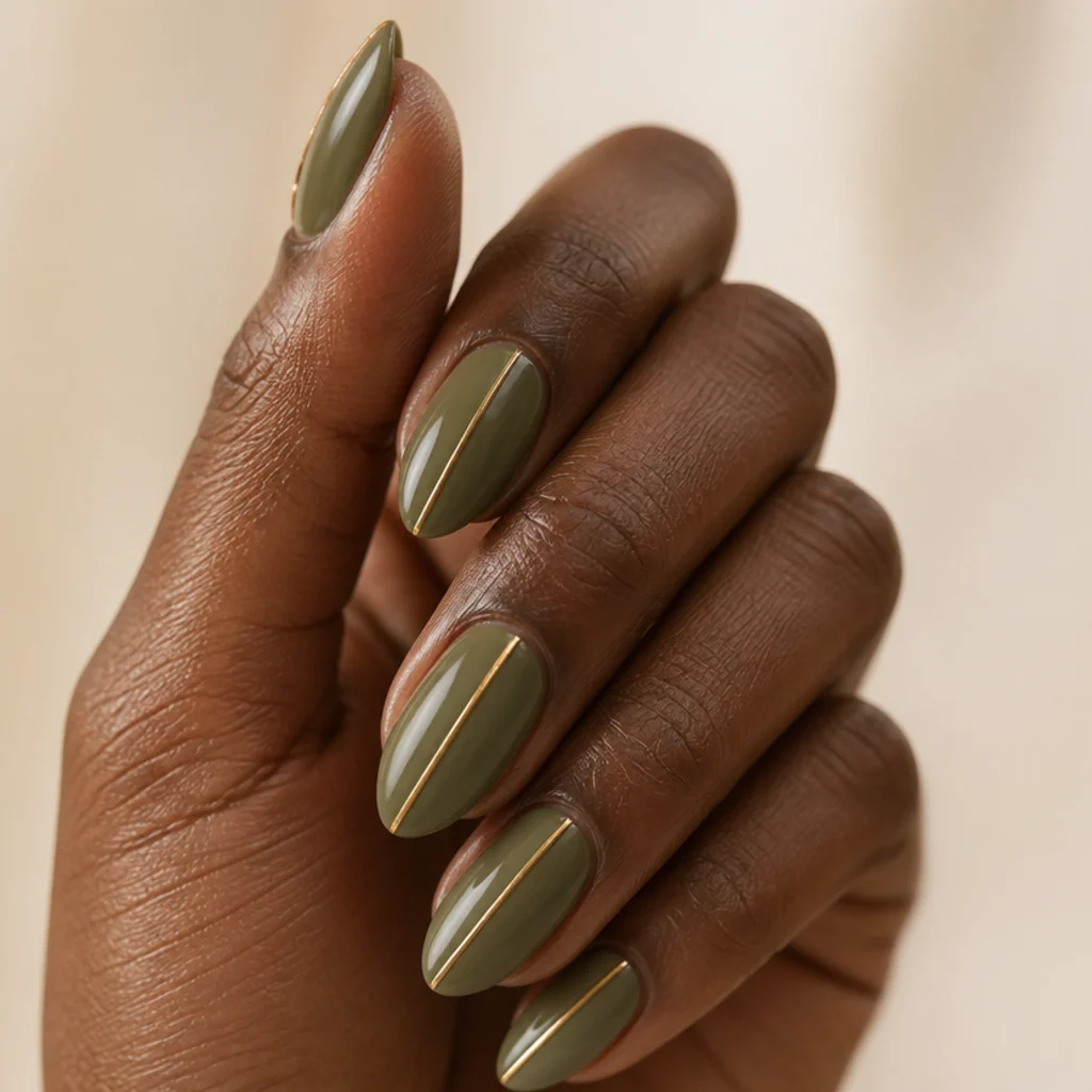 Almond nails in mid-olive green with a single hair-thin gold stripe down the center of each nail on a deep-tone hand