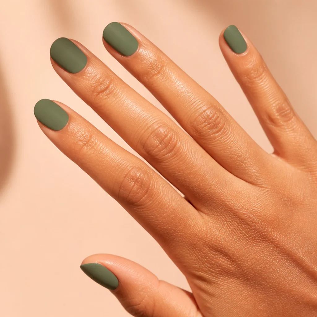 Short round nails in a matte mid-olive green with a velvety, suede-like finish on a tan hand, soft diffused light